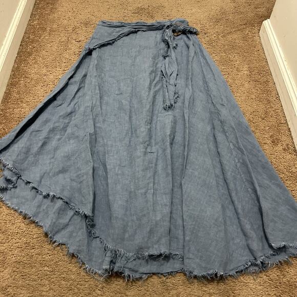 Tempo Paris Dresses & Skirts - Tempo Paris M Blue 100% Linen Asymmetrical Raw Hem Faux Wrap Skirt Beach